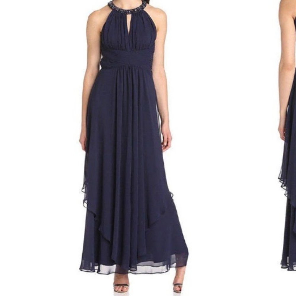 Eliza J Beaded Halter Tiered Chiffon Gown in Navy